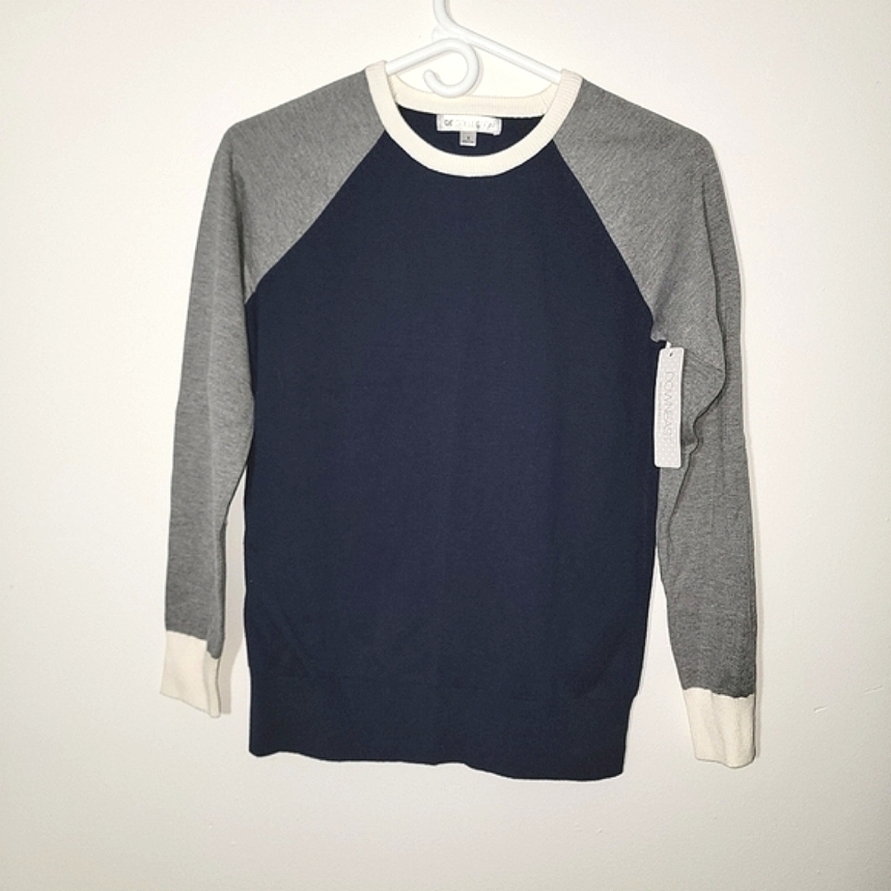 Downeast lon drive sweater elbow pads navy grey white small